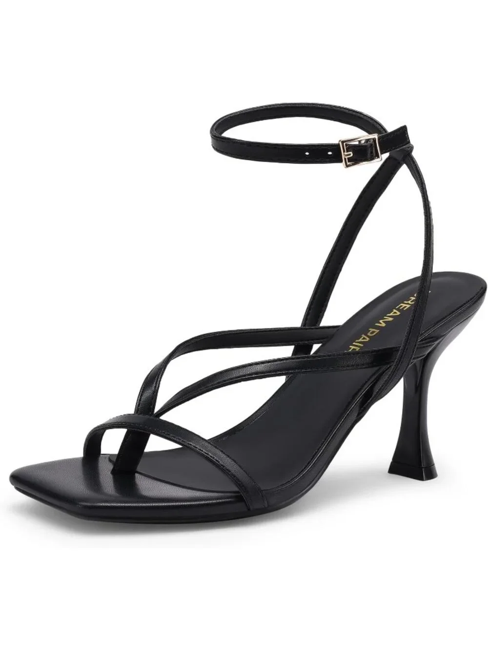 Women's Black Faux Leather Square Open Toe Flip Flop Ankle Strap High Heels